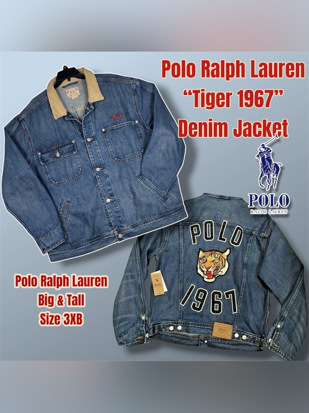 POLO RALPH LAUREN BIG & TALL “POLO TIGER 1967” DENIM JACKET, SIZE 3X BIG, NWT